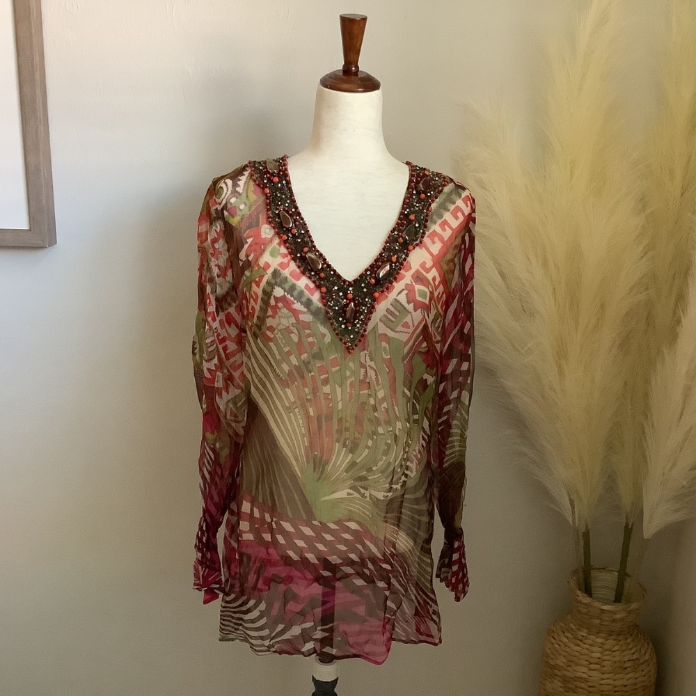 Kay Celine Multicolored Sheer Tunic with Beaded Neckline, NWT, Size S